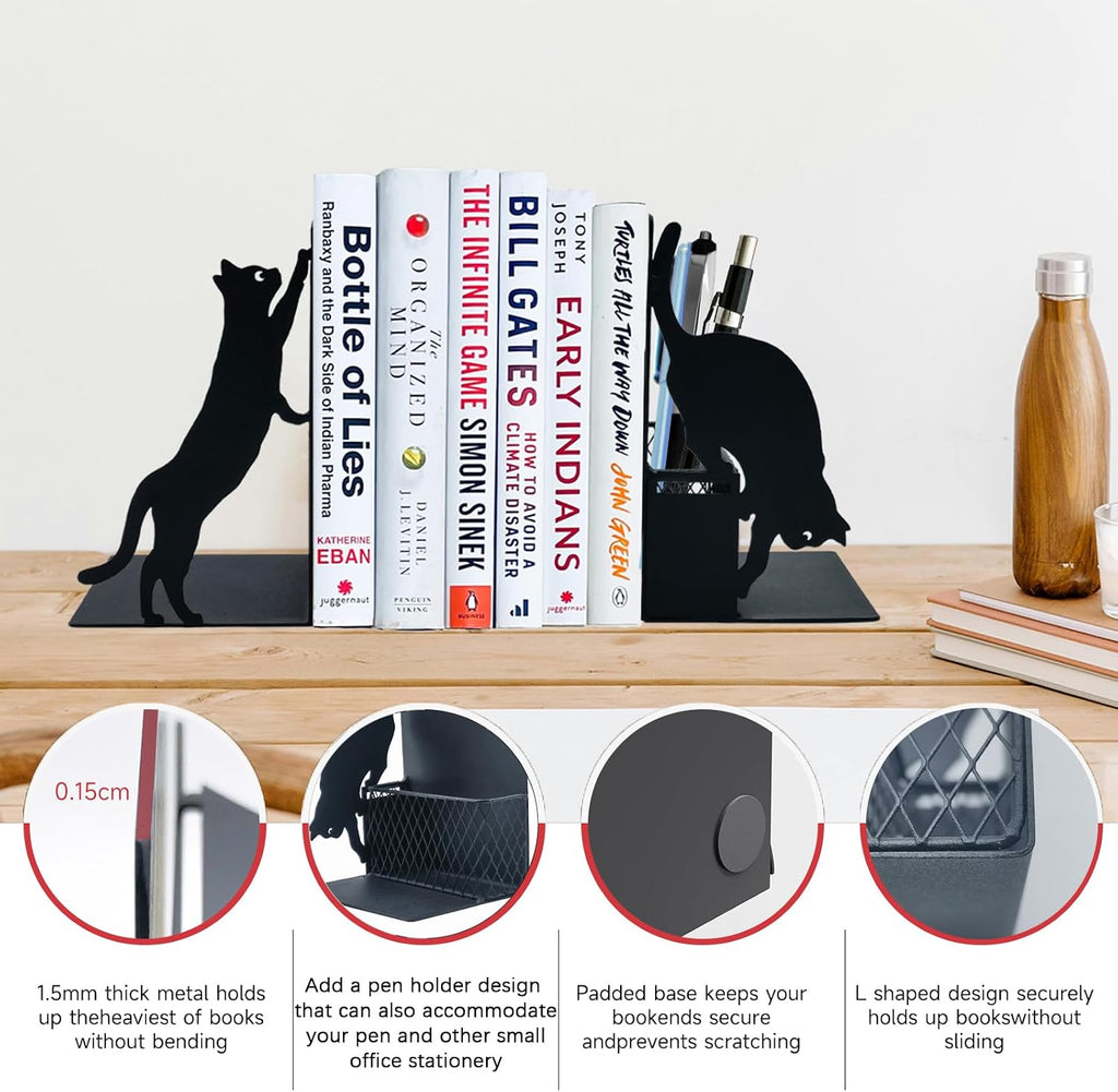 Cat Metal Bookends with Pen Holder, Cute Book Ends for Shelves Decorative
