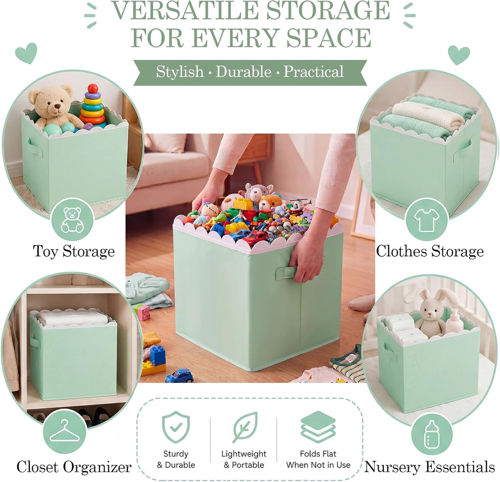 Yalikop 6 Pcs Light Green Scalloped Cube Storage Bins 11 Inch Fabric Basket