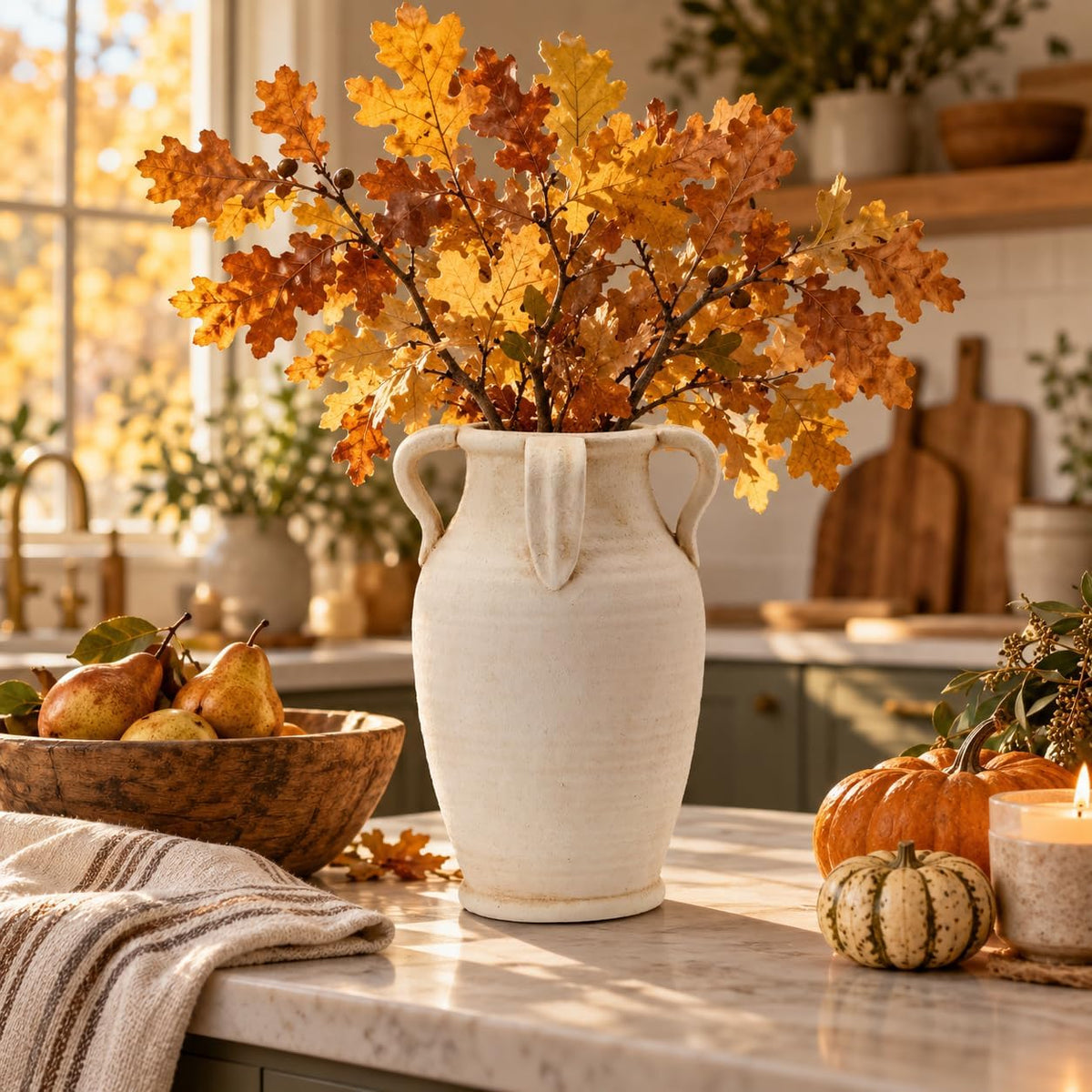 Emotionally Grounded Vase, Vaseking Large Ceramic Rustic Vase with 4 Handles, 10.83 inch Minimalist Decorative Farmhouse Tall Vases for Home Decor, Living Room, Enterway, Table Decoration, Fossil