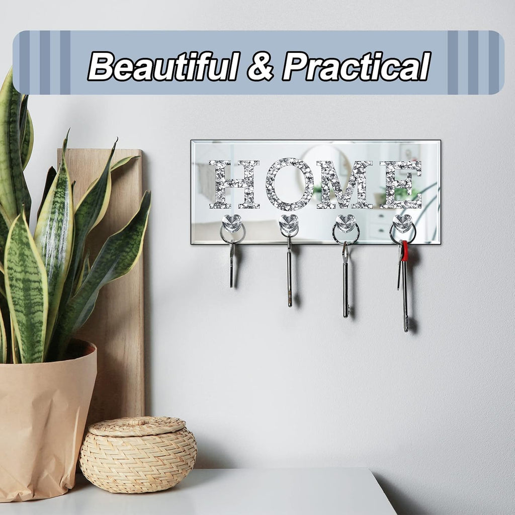 Yalikop Mirrored Key Holder Wall Decor with Heart Hooks, Silver
