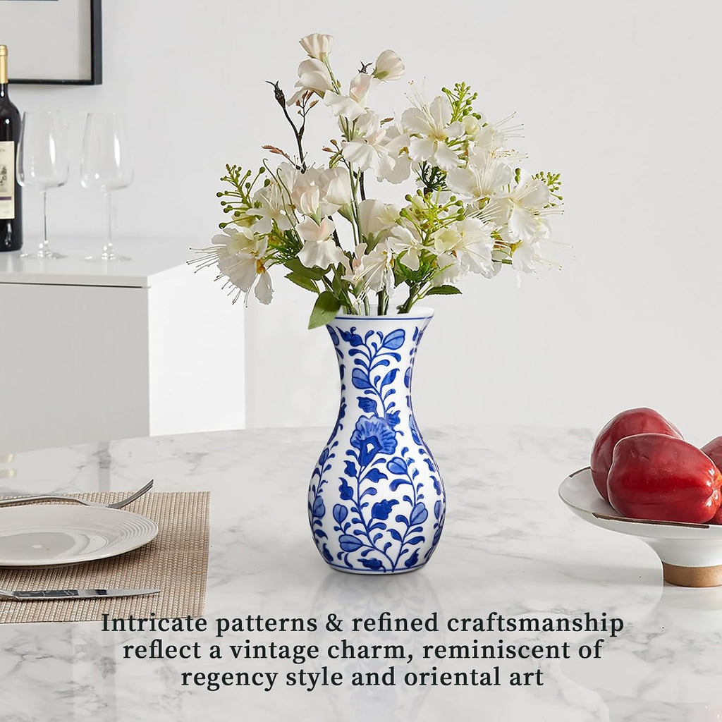 Set of 2 Small Blue and White Ceramic Vase, 6" Bud Chinoiserie Flower Vase