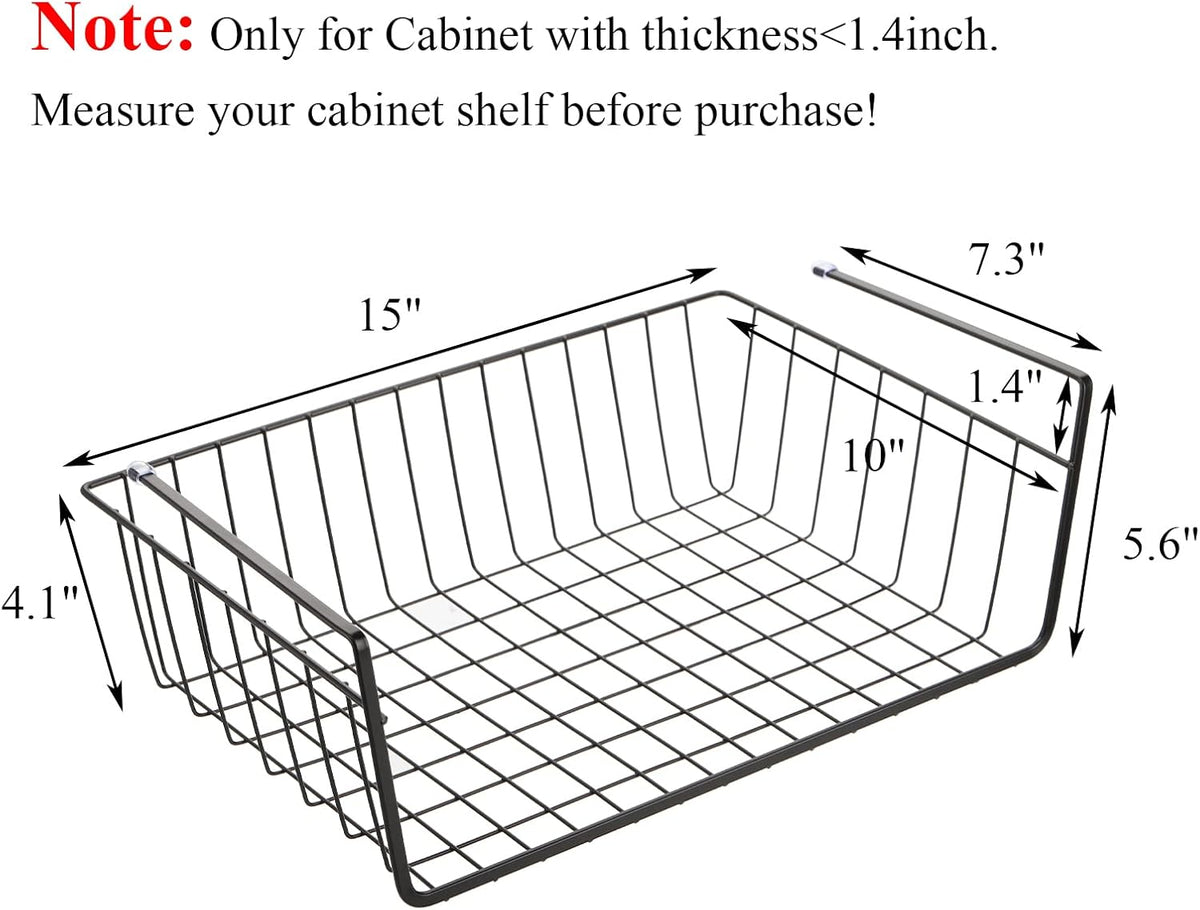 Tebery 4 Pack Black Under Shelf Wire Basket, Hanging Storage Baskets Under Cabinet Add-on Storage Racks, Slide-in Baskets Organizer for Kitchen Pantry Desk Bookshelf