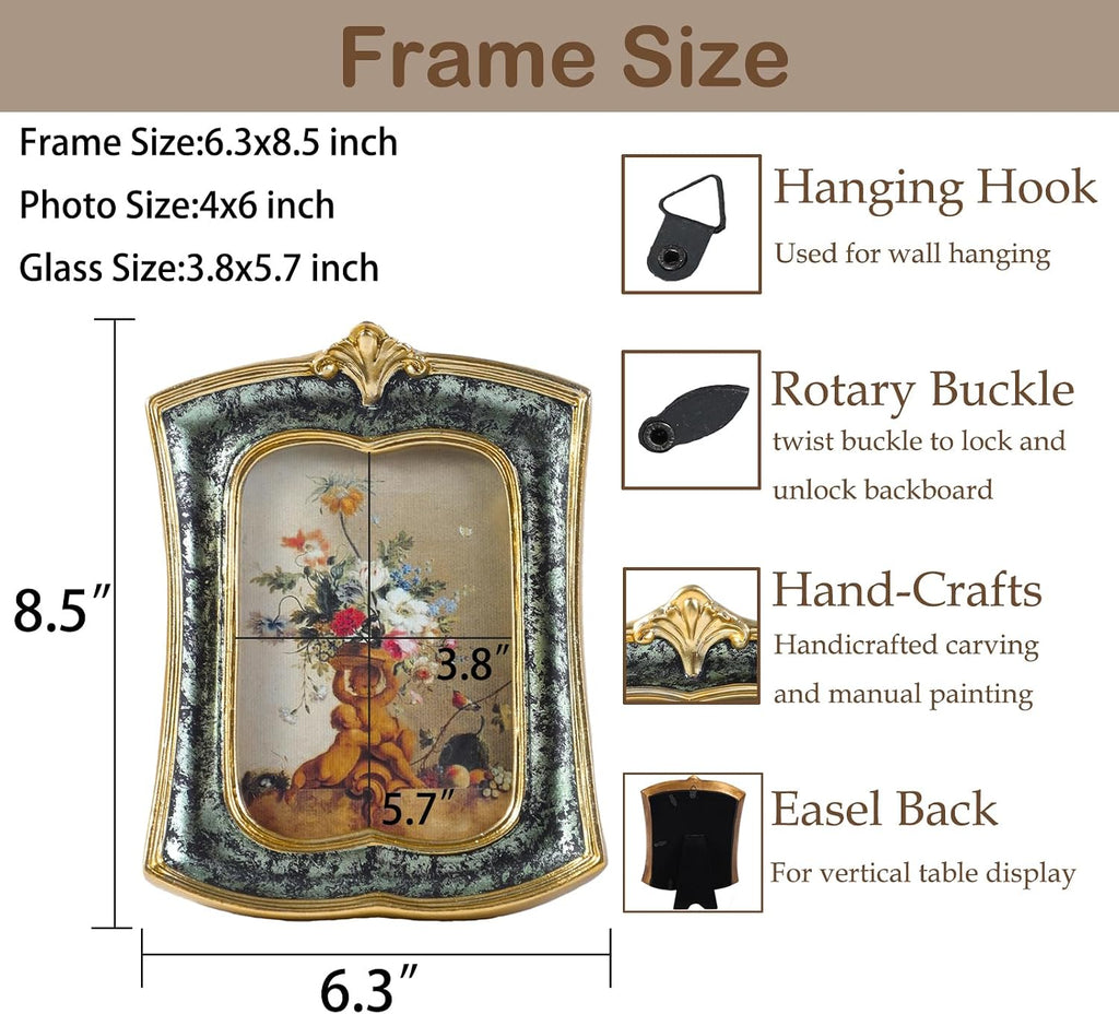 Vintage Picture Frame 4x6 Antique Ornate Photo Frame Tabletop and Wall Hanging Old-Fashioned Style, Decorative Retro Design Home Decor, Photo Gallery Art, Moss Agate Green