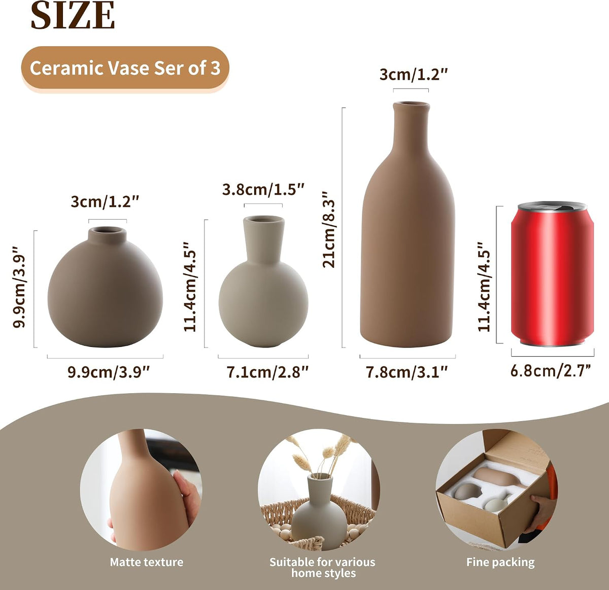 Ceramic Vase Set of 3, Vases Home Decor Rustic Farmhouse Decorative Vase Pottery Vases for Bouquet Pampas Grass Dried Fresh Flowers, Table Living Room Kitchen Bedroom Bathroom - Brown
