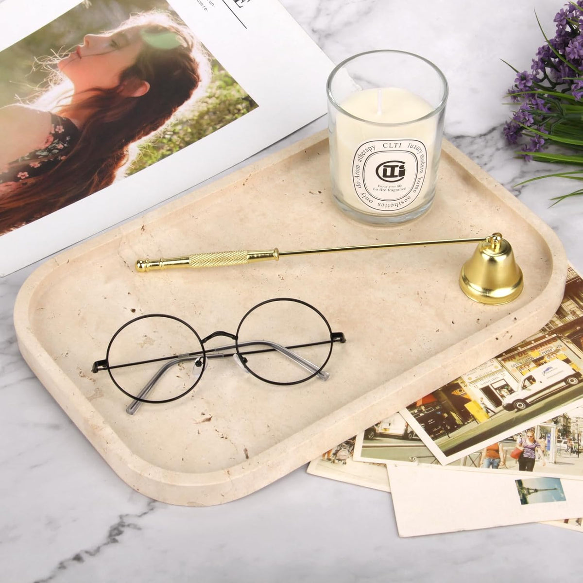 Marble Bathroom Vanity Decorative Tray, Light Travertine, 12 * 8 * 0.8