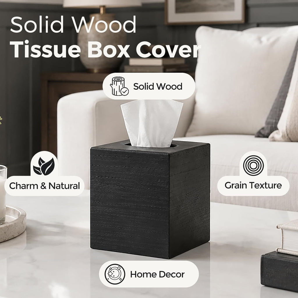 Black Wood Tissue Box Cover, Square Wooden Tissue Box Holder for Bathroom