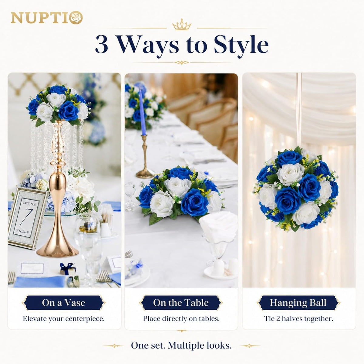 NUPTIO Flower Balls Centerpieces for Tables: Royal Blue White Fake Roses