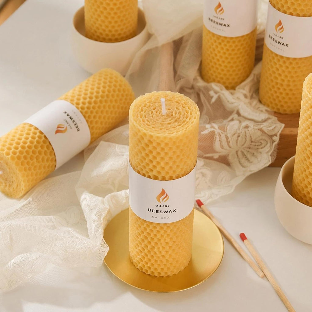 6-Pack 2x6 Beeswax Pillar Candles, Hand-Rolled Honeycomb, Natural Yellow