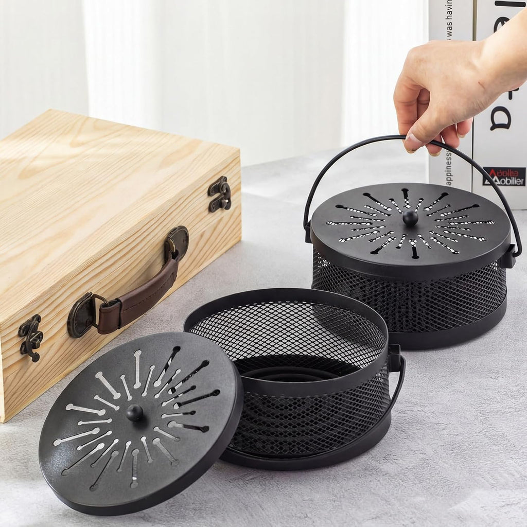 Lallisa 2 Pieces Mosquito Coil Holder Incense Coil Holder Round Retro Portable Metal Hanging Incense Burner Holders with Handle for Home Indoor Outdoor Camping Patio (Black)