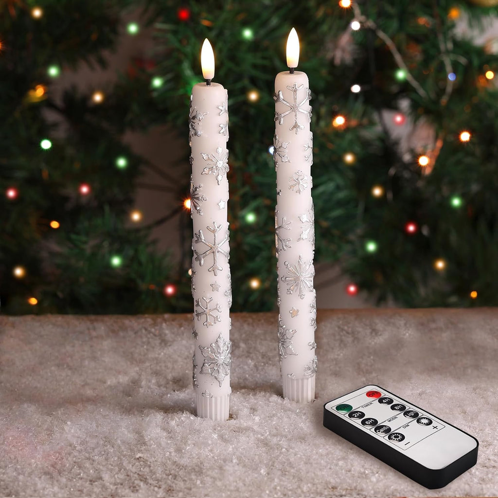 Eywamage White Snowflakes Christmas LED Taper Candles with Remote Set of 2