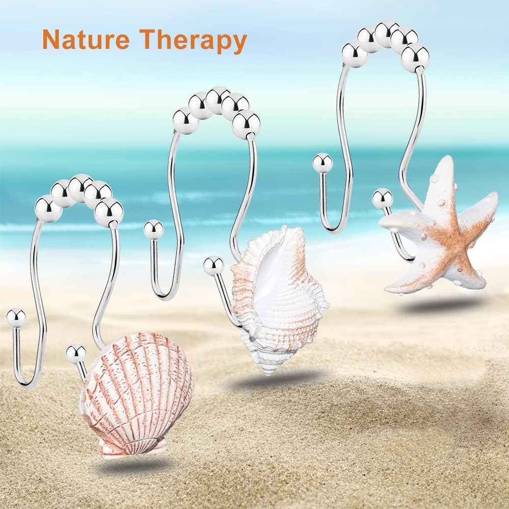 Shower Curtain Hooks Rings, 12PCS Anti Rust Seashell Decorative Double Resin Hooks for Beach Bathroom, Baby Room, Bedroom, Living Room Décor