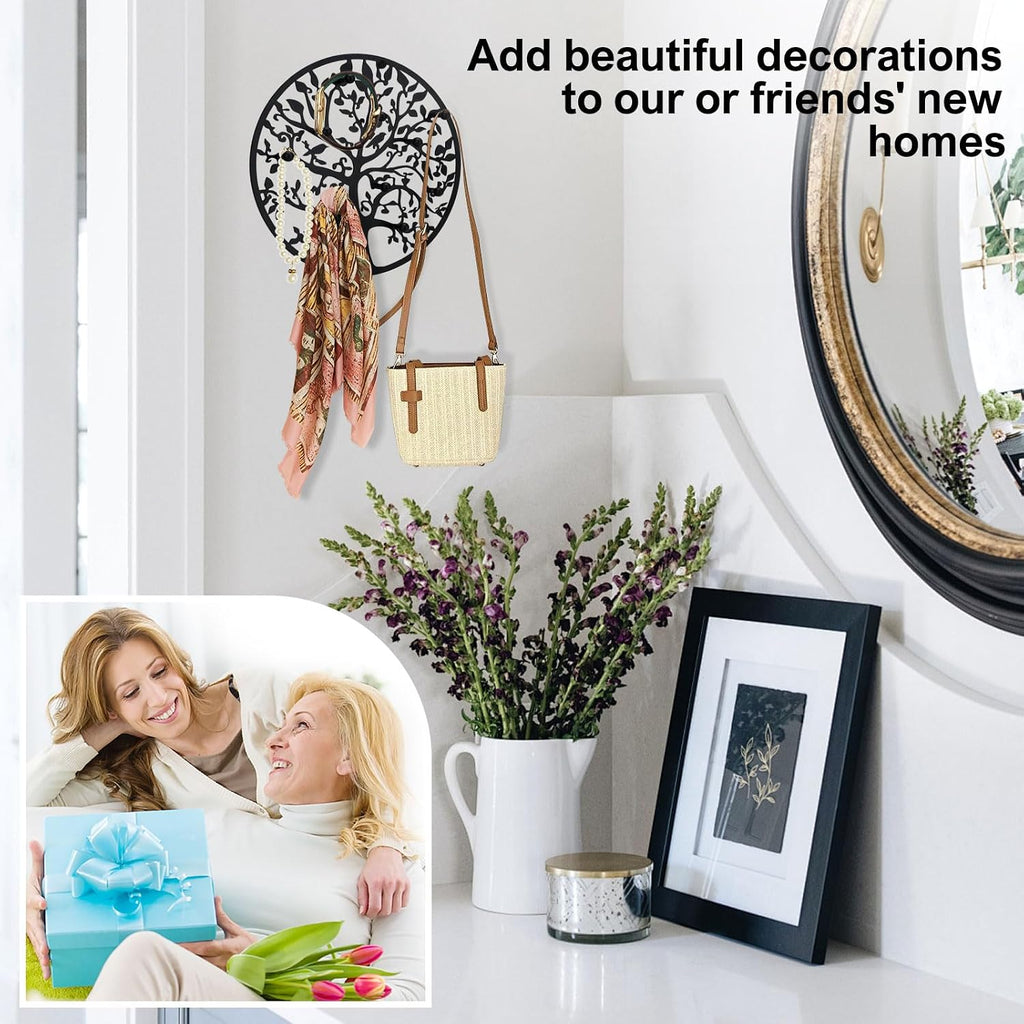 Round Decorative Home Key Holder Wall Mount, Metal Tree Car Key Rack for Wall Organizer for Keys, Wallets, Hats, Used for Decor for House Entryway, Kitchen, Garage, Office (8" Black)