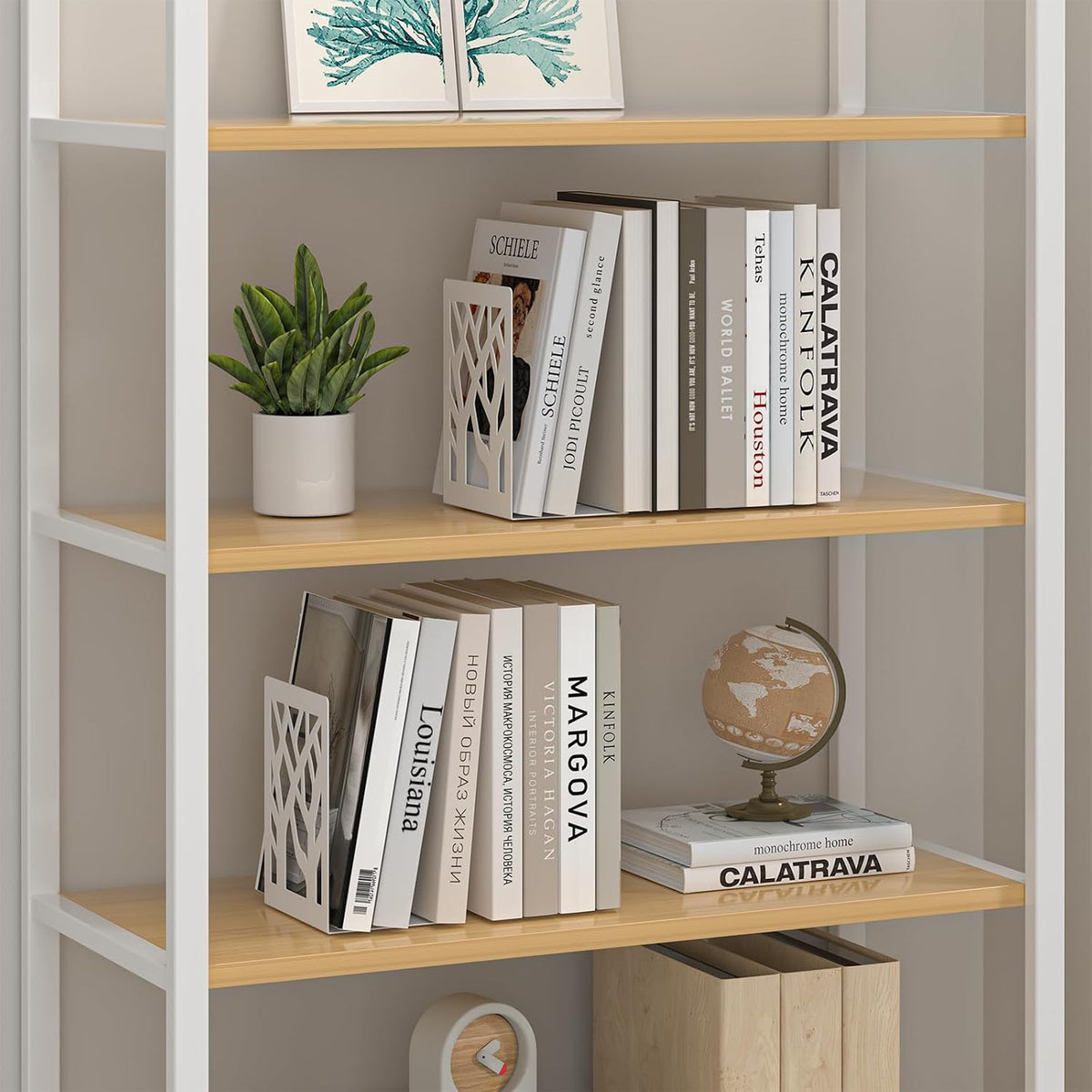 White Bookends 4 Pieces, Tree Design Modern Metal Bookends for Shelves, Unique Tree Book Ends Decorative Book Organizer for Desk, Decorative Shelve Book Stopper for Home Office