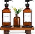 KASUNTING Amber Glass Soap Dispenser with Upgraded Flat Pump, Dish Soap Dispenser for Kitchen, Hand Soap Dispenser for Bathroom, Decorative Vase & Wood Riser Bathroom Decor(Amber02)
