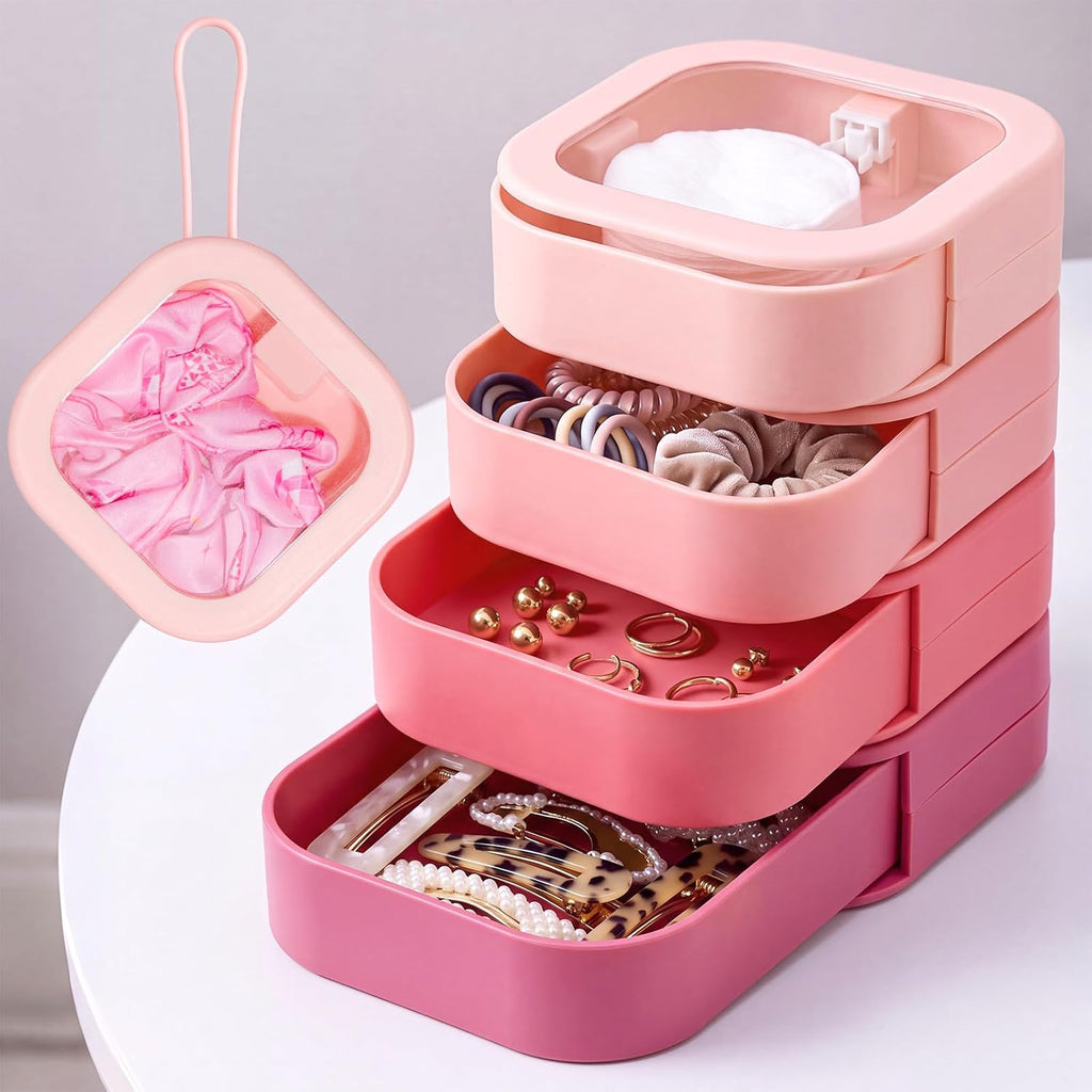 Kathfly 4 Pcs Hair Tie Organizer Travel, Stackable, Pink Range