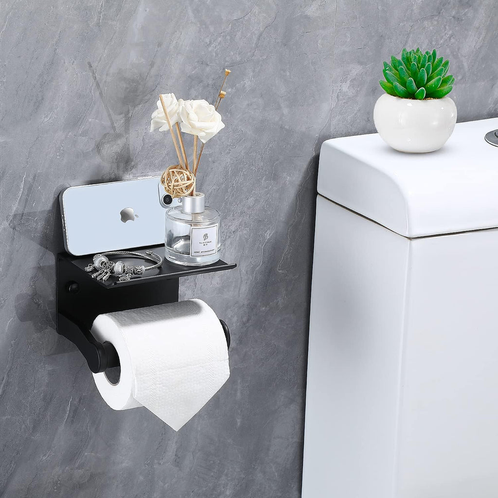 Toilet Paper Holder with Phone Shelf, Self Adhesive Aluminum Tissue Roll Dispenser for Mega Roll, Wall Mounted Toilet Paper Roll Holder for Bathroom, Matte Black