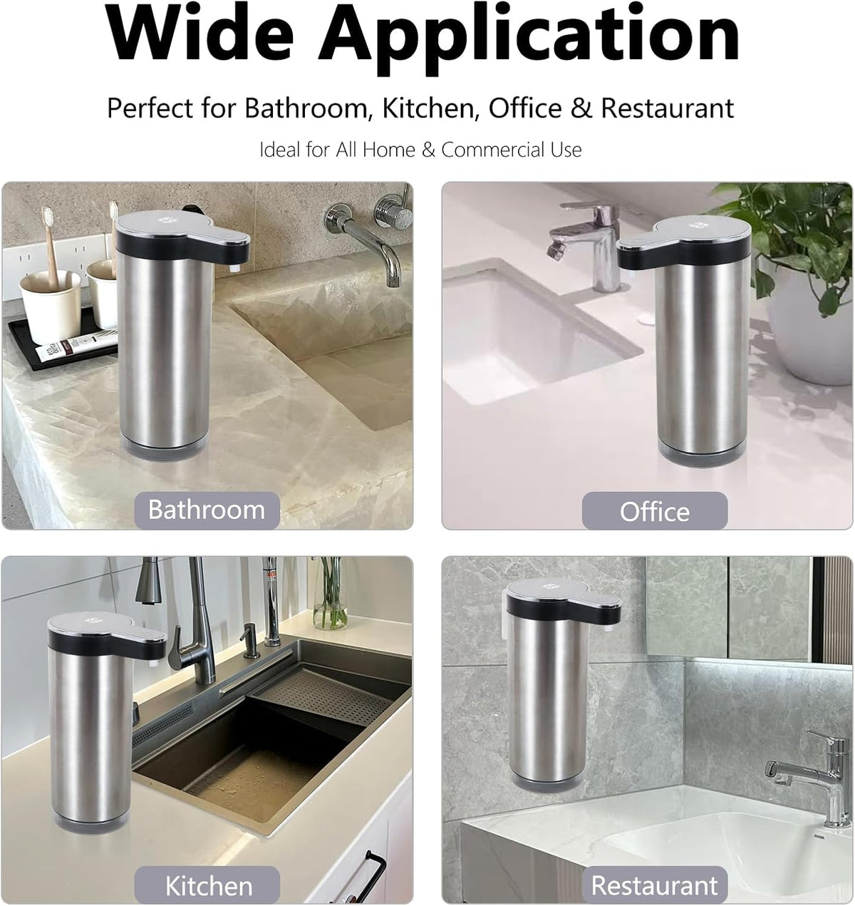 Automatic Foaming Soap Dispenser, Wall Mounted/Countertop Touchless 304 Stainless Steel Hand Soap Dispenser, Type-C Rechargeable LED Display, 4 Levels, IPX5 Waterproof, 12oz Kitchen/Bathroom, Black