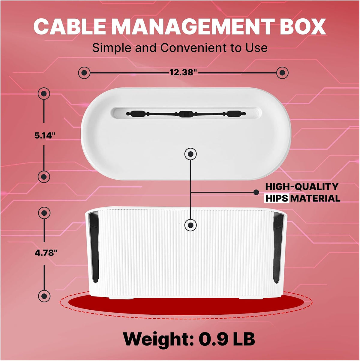 Cable Management Box, White Cord Organizer Box with Lid, 12.4 x 5.1 x 4.8 in, Includes 5 Reusable Cable Ties and 4 Anti-Slip Pads, Cable Hider for Desk, TV Stand, Office