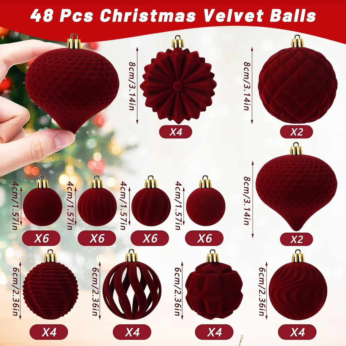 48 Pcs Velvet Christmas Ball Ornaments Set for Xmas Tree Decor(Bourgogne)