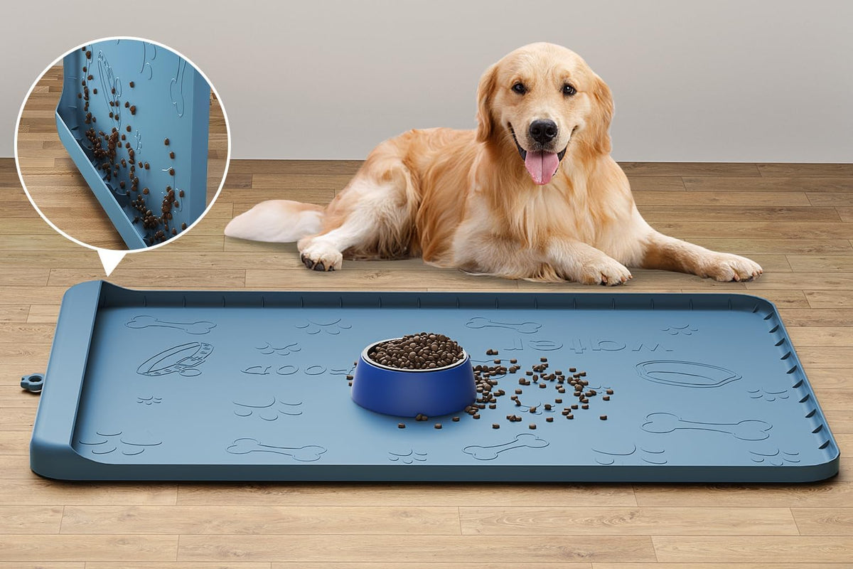 Dog Food Mat - Silicone Dog Mat for Food and Water - 36" x 24" Large Pet Feeding Mats with Residue Collection Pocket - Waterproof Dog Cat Bowl Mat with High Edges to Prevent Water Food Spills