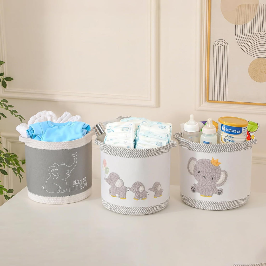 3-Piece Woven Baby Toy Blanket Storage Baskets Laundry Hampers, Elephant Design Foldable Nursery Organizer for Toys Clothes Stuffed Animals, Roomy Sturdy Hamper for Baby Gift Nursery Decor Basket