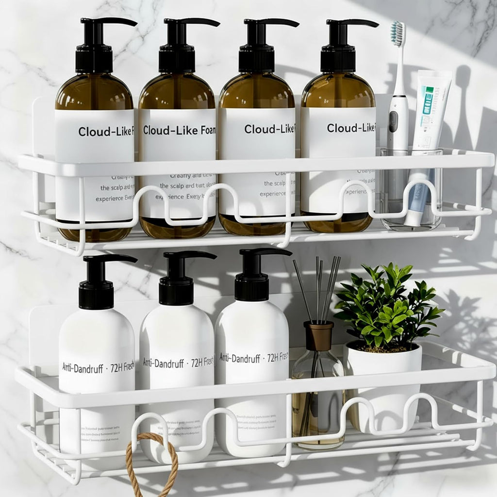 Adhesive Shower Caddy, Large Capacity Shower Racks for Inside Shower, No Drill Bathroom Shower Organizer and Storage, 2 Pack White Bathroom Shelves, Home Decor Rv Accessories, Apartment