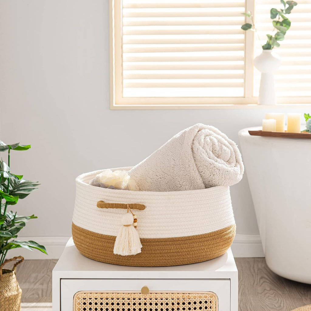 KAKAMAY Woven Baskets for Storage(16"x8"),Blanket Basket for Organizing Living Room,Cotton Rope Basket Woven Baby Laundry Hamper,Collapsible Laundry Room Organization,Clothes,Toy Chest(Brown)