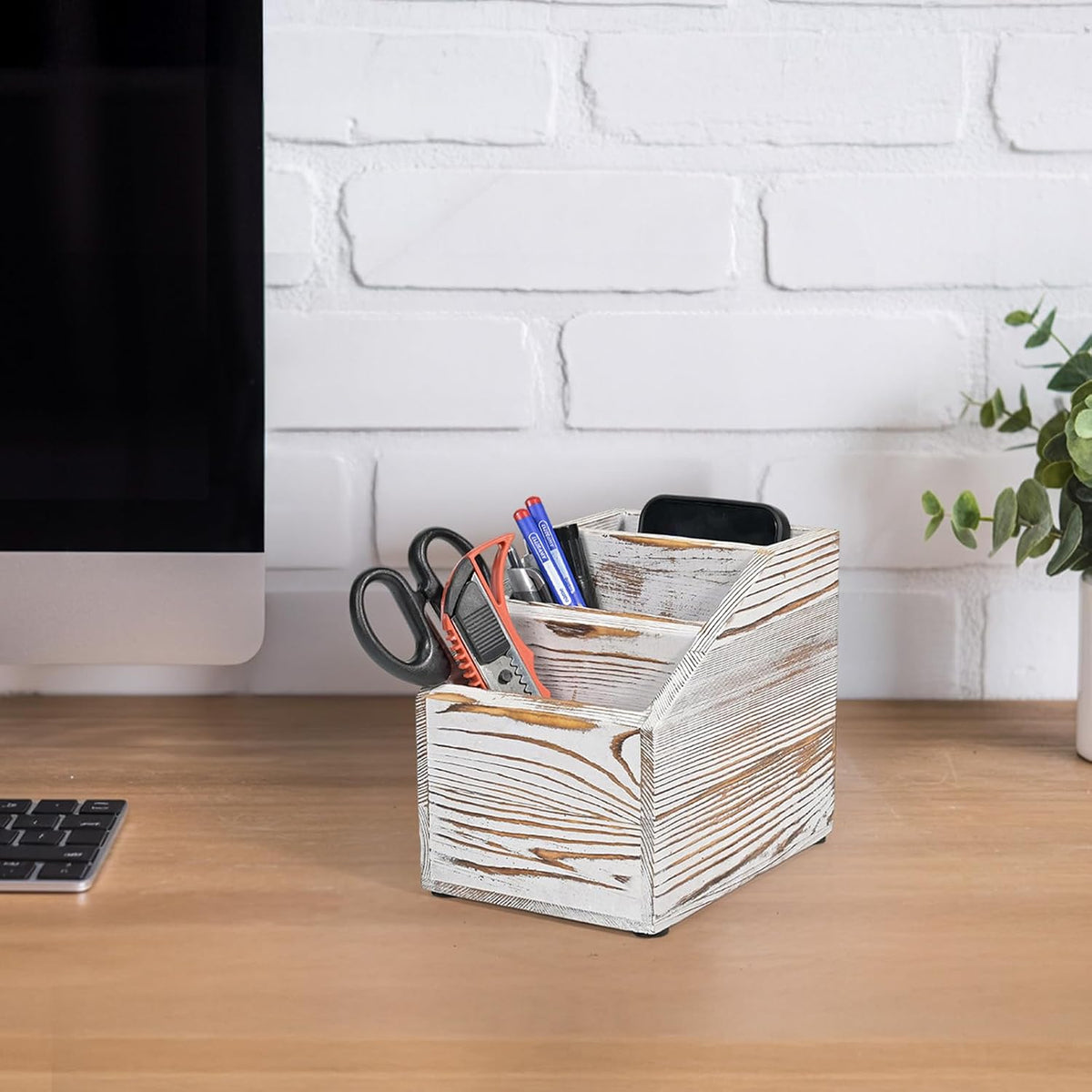 Wooden TV Remote Control Holder, 3-Slot TV Remote Caddy (White)