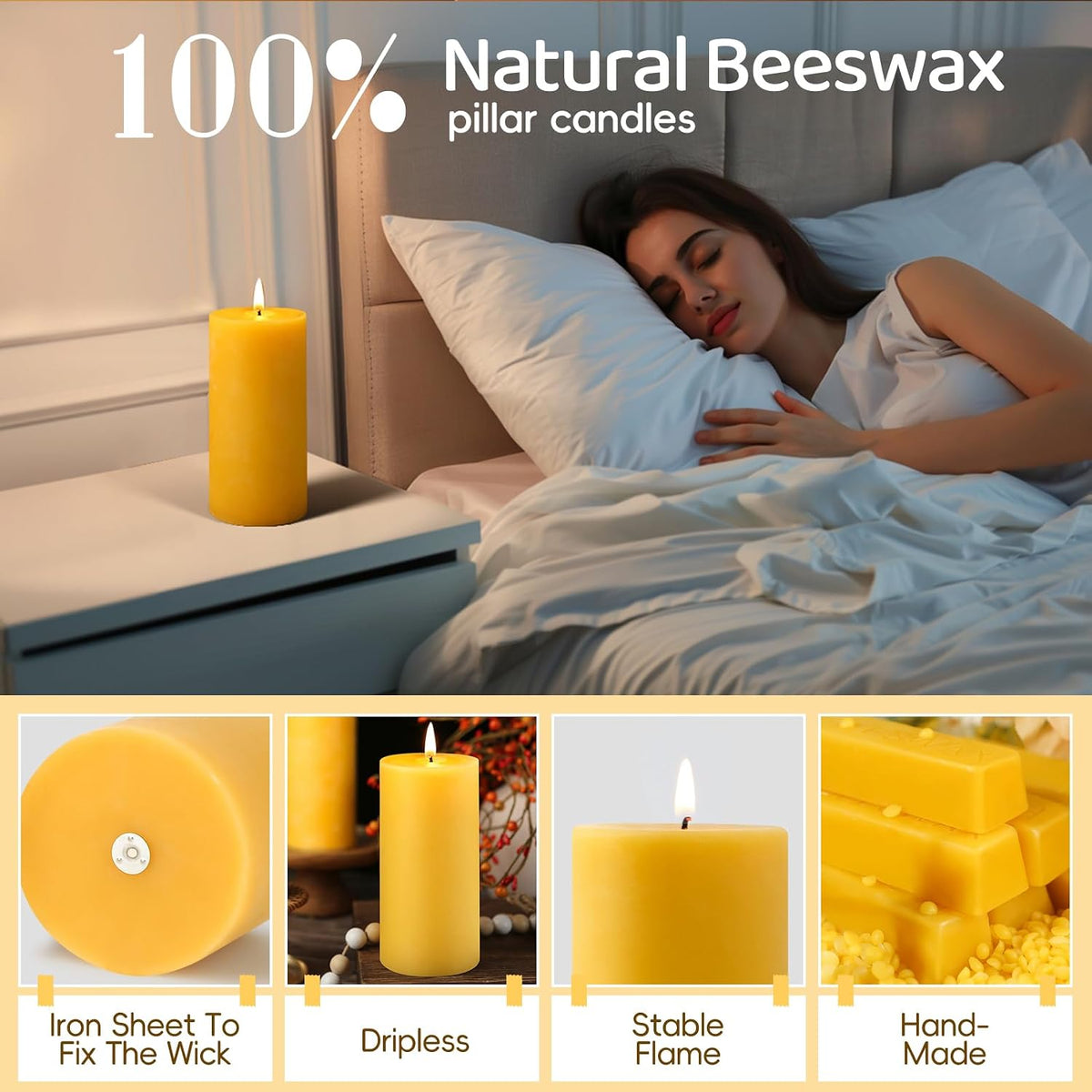 Natural Beeswax Pillar Candles, Non Toxic, 2.8x6 inch,1 Pack,95 H Long Burn