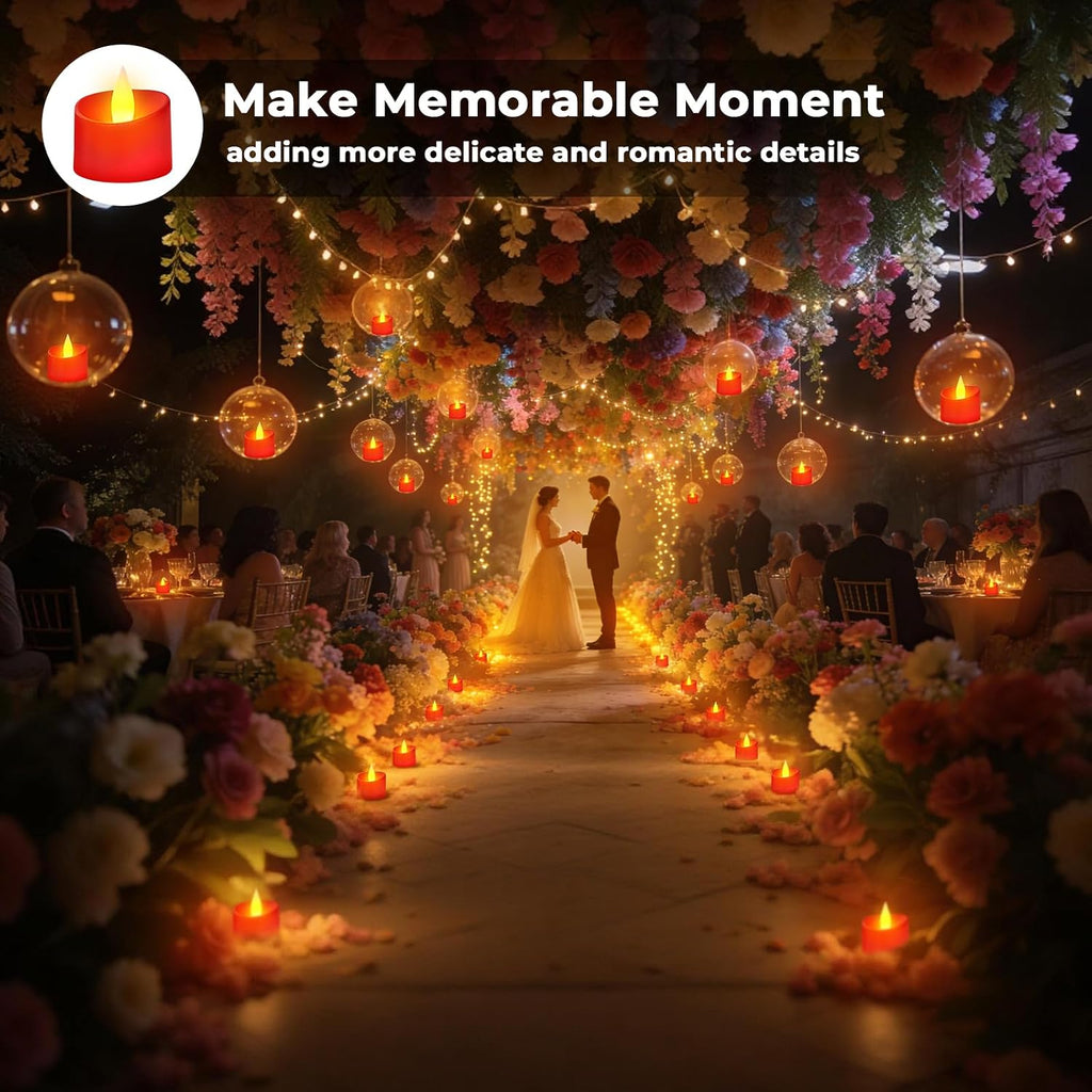 Realistic Flameless LED Tea Lights - Battery-Powered Dancing Flame Candles for Weddings, Halloween, Votives | Safe Child-Resistant, Flickering Ambiance Decor (Red Base, 100 Pack)