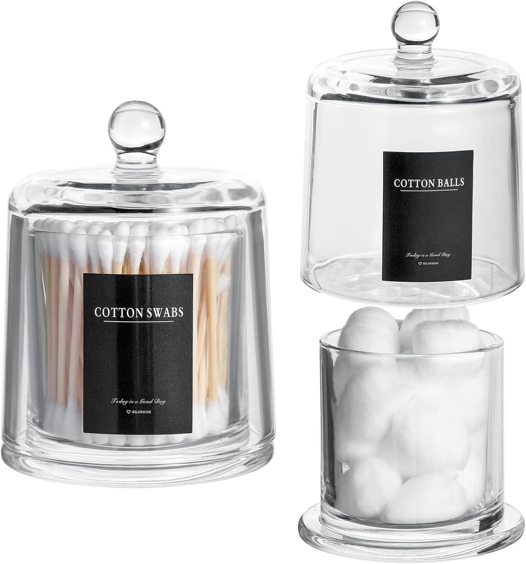 Qtip Holder Apothecary Jars with Lid, 2 Pack Thick Glass, Clear