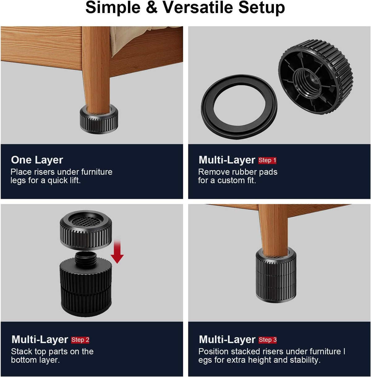 Round Bed Risers Furniture Risers – Heavy Duty Anti-Slip Adjustable(1.3" - 3.7" Hgt) Bed Lifts Riser for Desk, Table, Couch, Sofa, Chair, Refrigerator & Washing Machine (3.7 Inch, Black, 4 Pack )