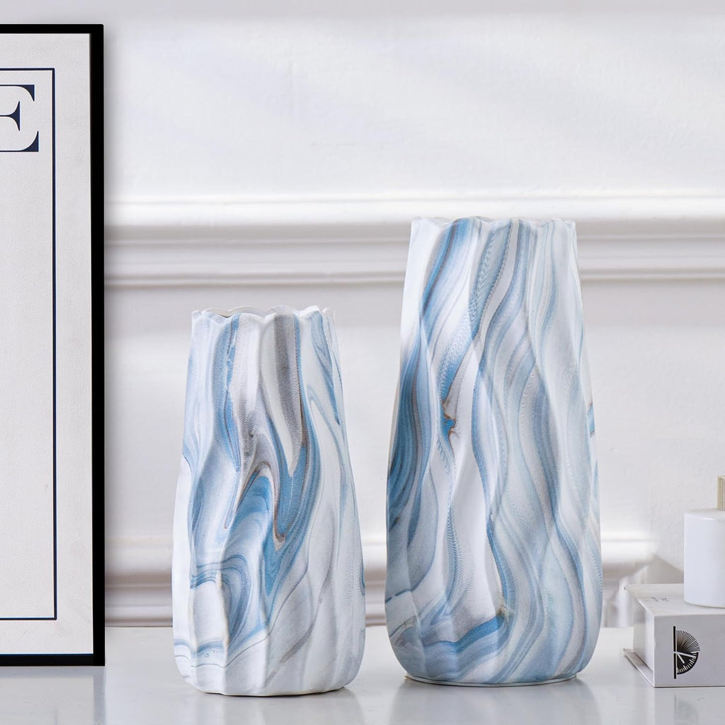 Ceramic Vase Set of 2, Blue and White Wave Vases Coastal Decor