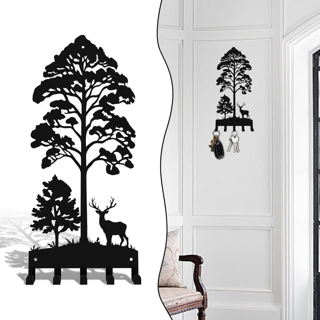 Key Holder for Wall, Metal Key Holder Hooks Organizer Rack, Key Organizer Wall Decorative with 5 Hooks for Entryway, Front Door, Hallway, Bedroom, Office (12 Inches, Deer, Tree)