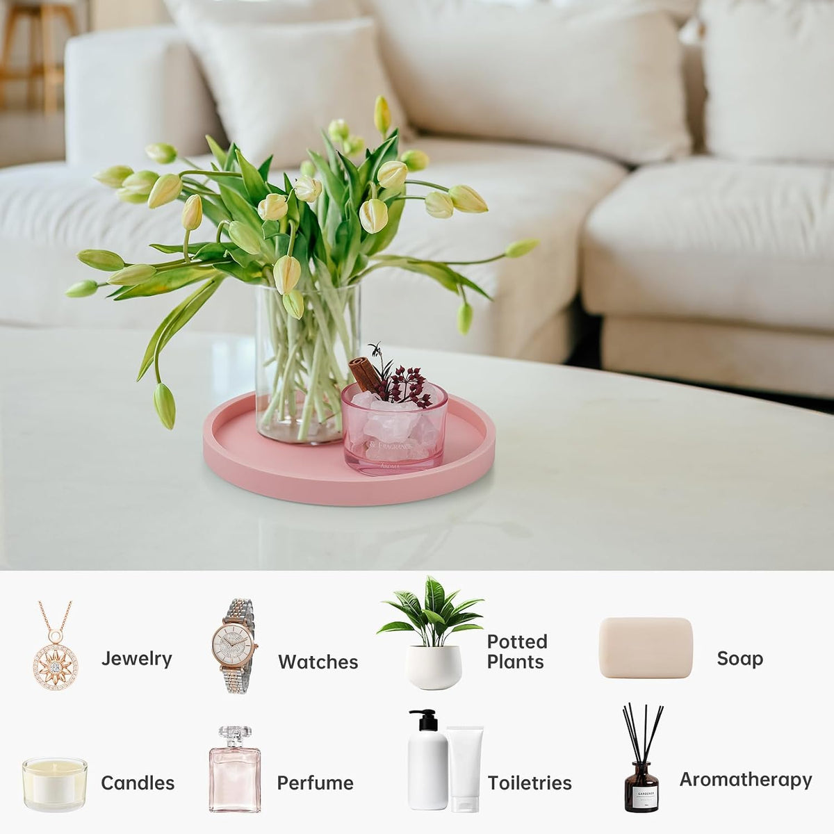 NiHome Silicone Bathroom Vanity Tray Round Perfume Organizer 8.35in Pink