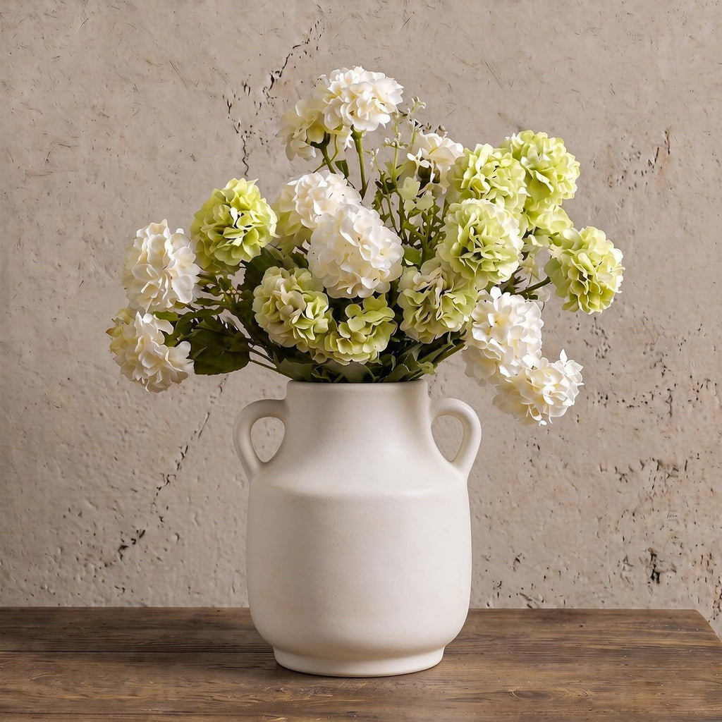 Deep Dream Ceramic Flower Vase with Handles, 8 Inch Small White Ceramic Vase, Decorative Terracotta Vases, Farmhouse Rustic Pottery Vases for Home Decor,Shelf, Entryway, Living Room, Bedroom (White)