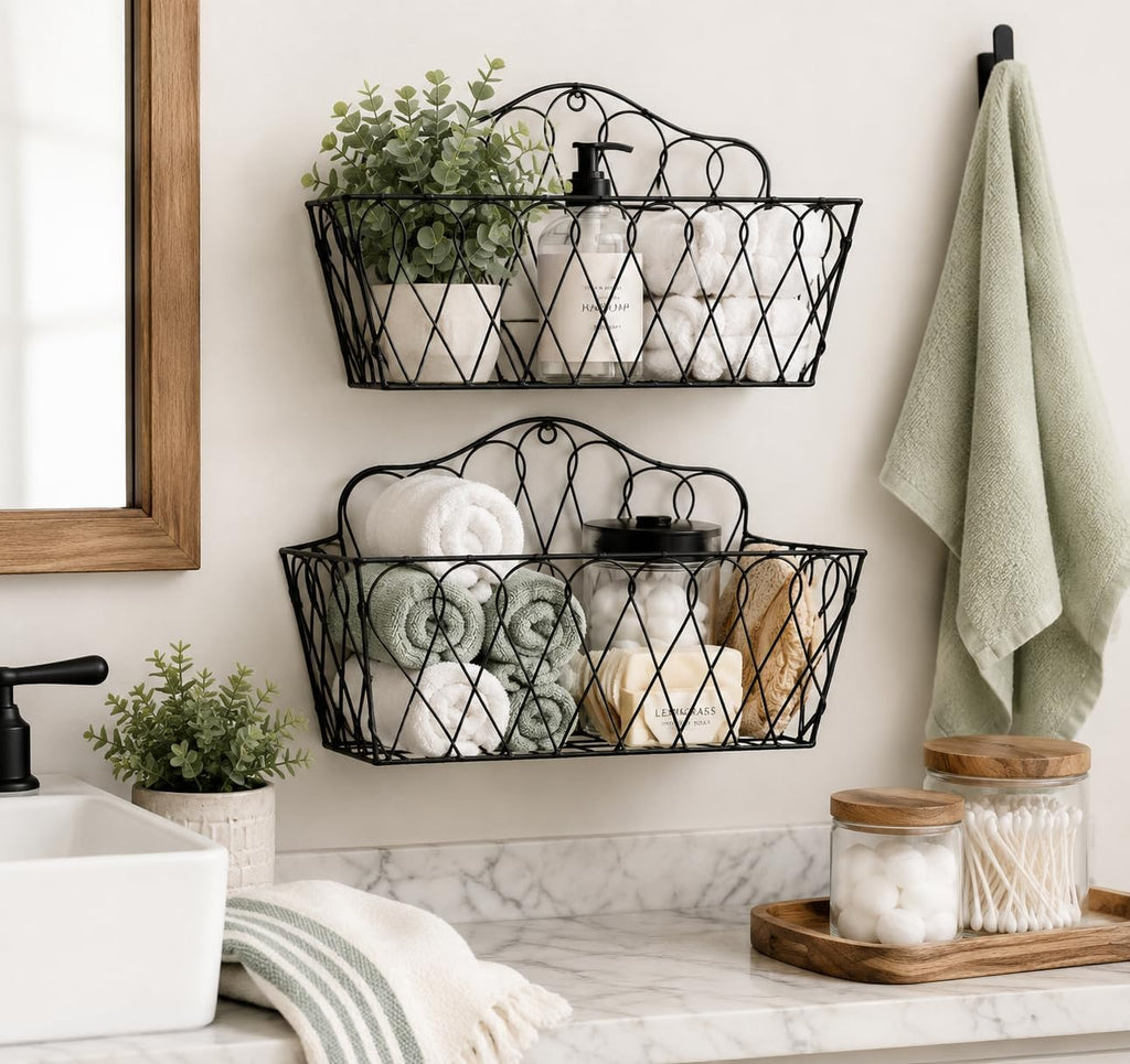 Farmhouse Hanging Wall Storage Baskets Set of 2, Metal Wire Wall-Mounted Basket Organizer for Fruits, Vegetables, Flowers, Kitchen, Pantry, Bathroom, Entryway, Rustic Home Decor