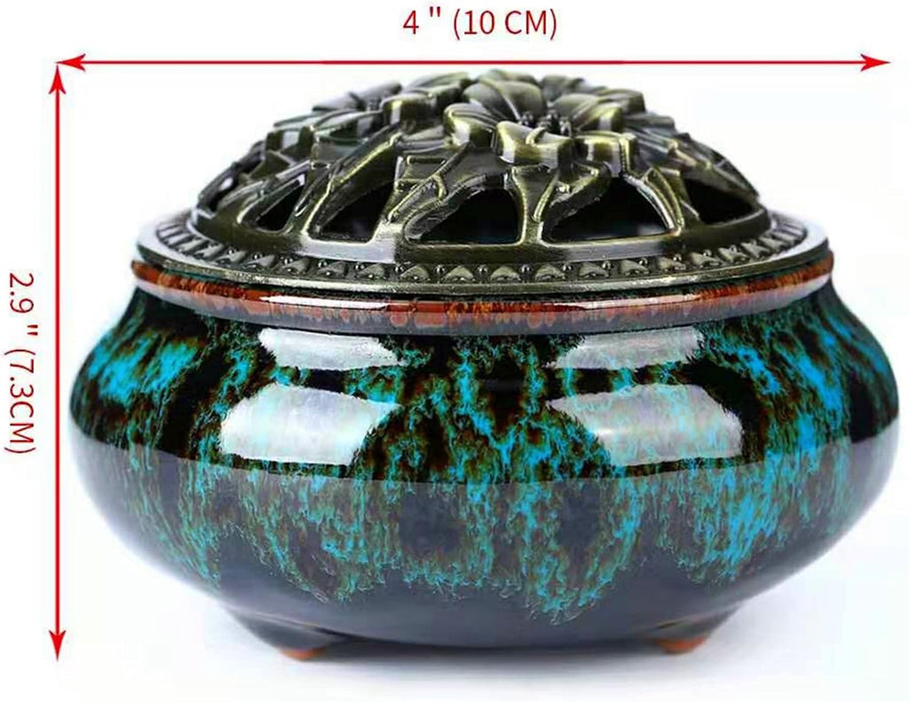 Censer Sky Blue Incense Burner with Calabash Incense Stick Holder - Porcelain Charcoal Censer for Use with Resin Granular Powder Cone or Coil Incense (Blue Fambe)