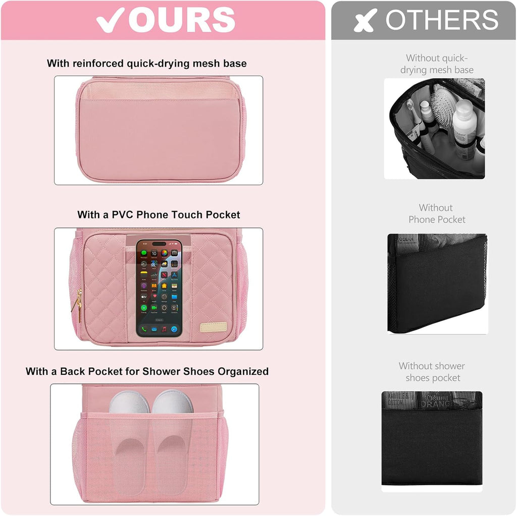 Portable Shower Caddy College Dorm Essentials (Full Size Bottle Compatible), Toiletry Bag for Women Men, Hanging Makeup Bag with Quickly Dry Mesh Base for Travel,Gym & Camping,Pink