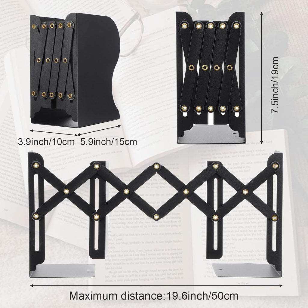 2 PCS Adjustable Book Ends for Shelves, Heavy Duty Metal Book Holder Organizer, Expandable Desk Book Stopper for Office Home, Black