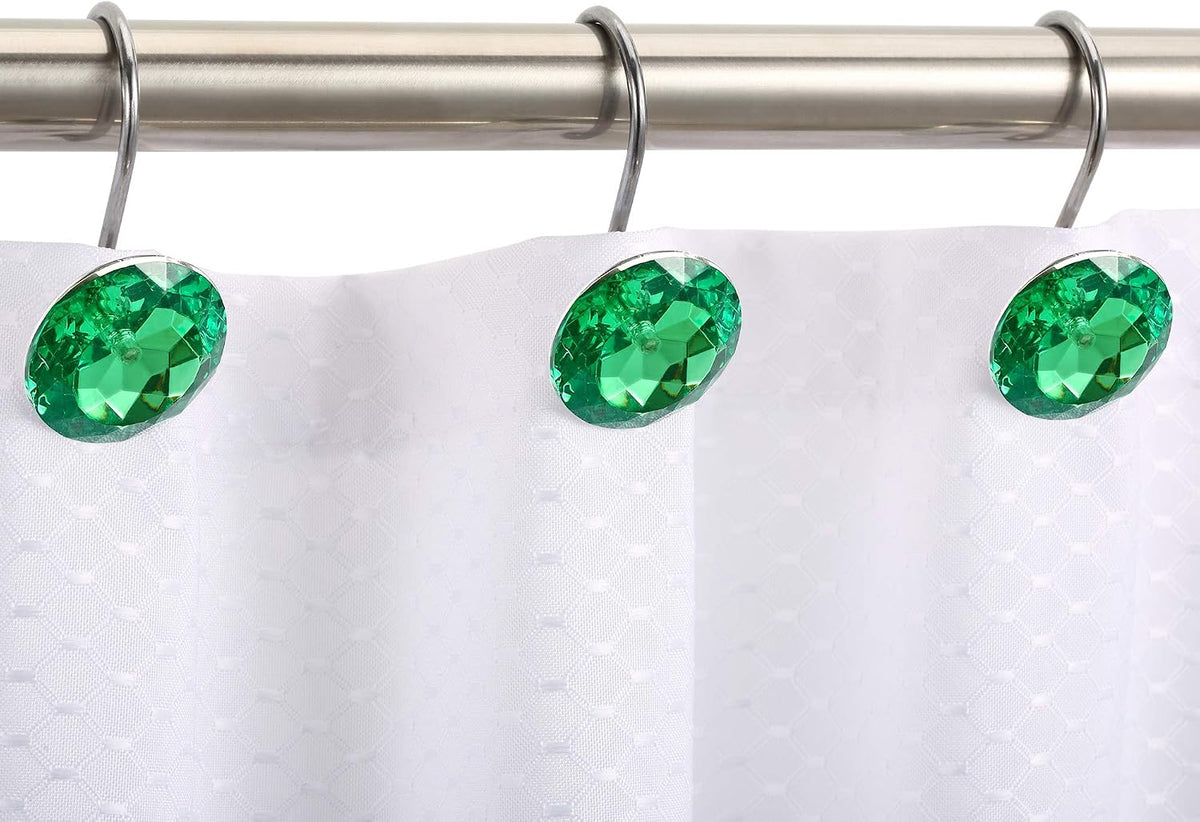CHICTIE Green Shower Curtain Hooks Rings Crystal,Diamond Decorative Shower Curtain Hooks,Set of 12 Stainless Steel Rust-Proof Round Rhinestones Shower Rings Hangers for Bathroom
