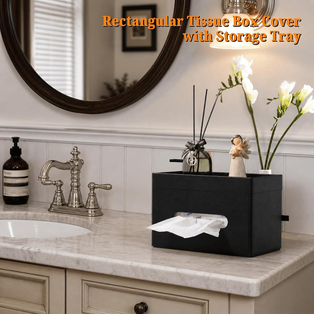 LAMOTI Tissue Box Cover Rectangle with Storage, PU Leather Tissue Holder