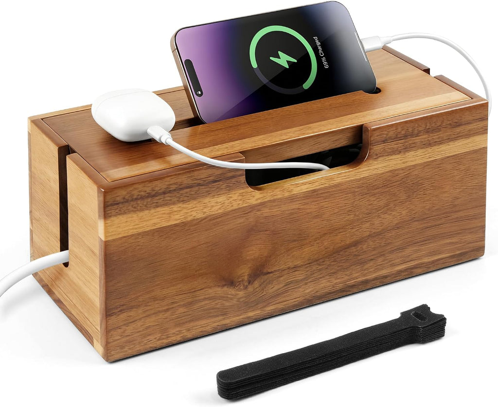 Acacia Cable Management Box, Cord Hider Organizer with Phone Stand, 12" L Cord Box for Power Strip, TV Wires & Desk Cable Storage, Office Under Desk Cable Storage Box for Wire