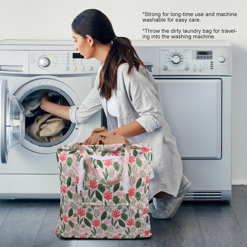 2 Pack Travel Laundry Bag with Handle and Drawstring, Expandable Foldable Dirty Clothes Bags with Hook and Zipper, Lightweight Waterproof Laundry Hamper Liner for Travel, Home, College Dorm,