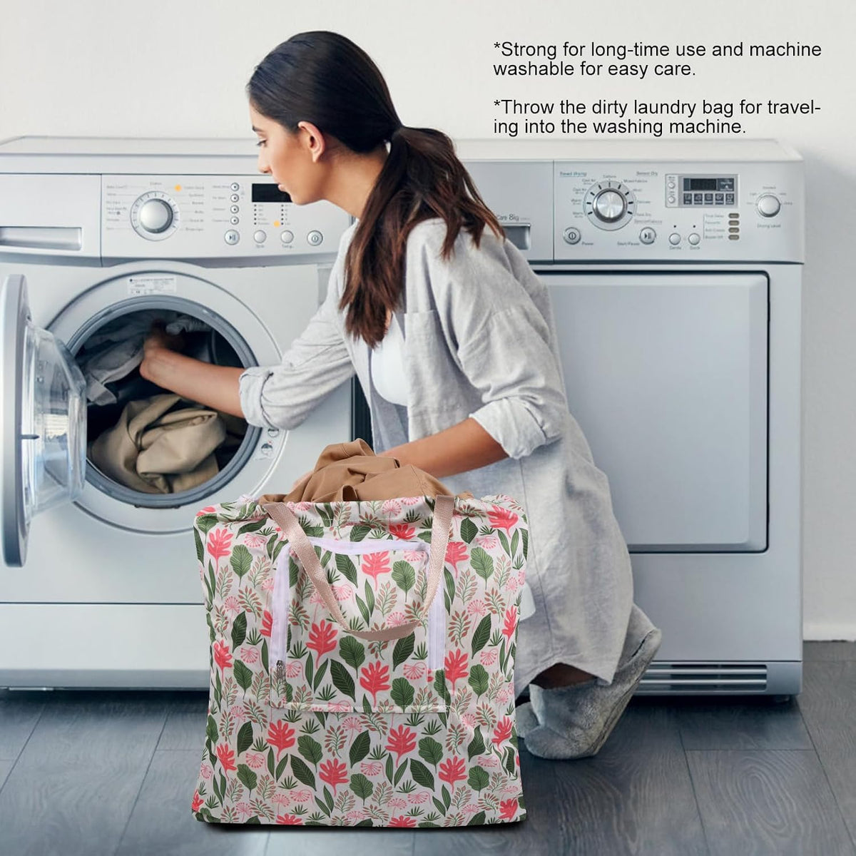 2 Pack Travel Laundry Bag with Handle and Drawstring, Expandable Foldable Dirty Clothes Bags with Hook and Zipper, Lightweight Waterproof Laundry Hamper Liner for Travel, Home, College Dorm,
