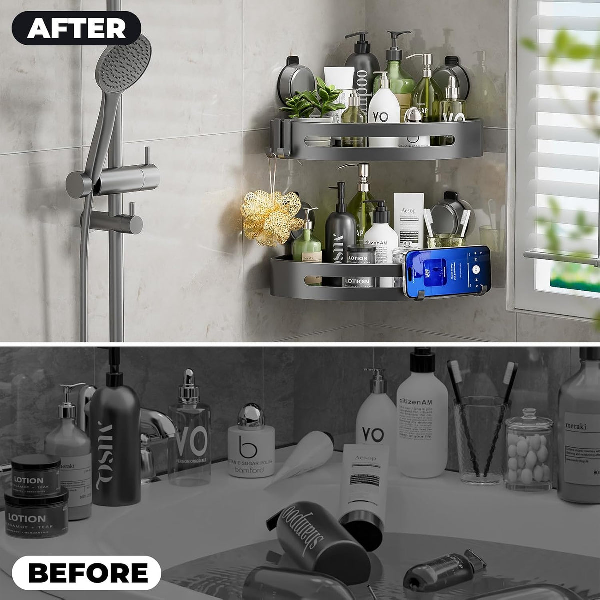 Corner Shower Caddy Suction Cup,Shower Shelves with Hooks,No Drilling Powerful Upgrade Suction Bathroom Corner Organizers and Storage,Removable Waterproof Rustproof Shower Shelf Bathroom Decor(1)