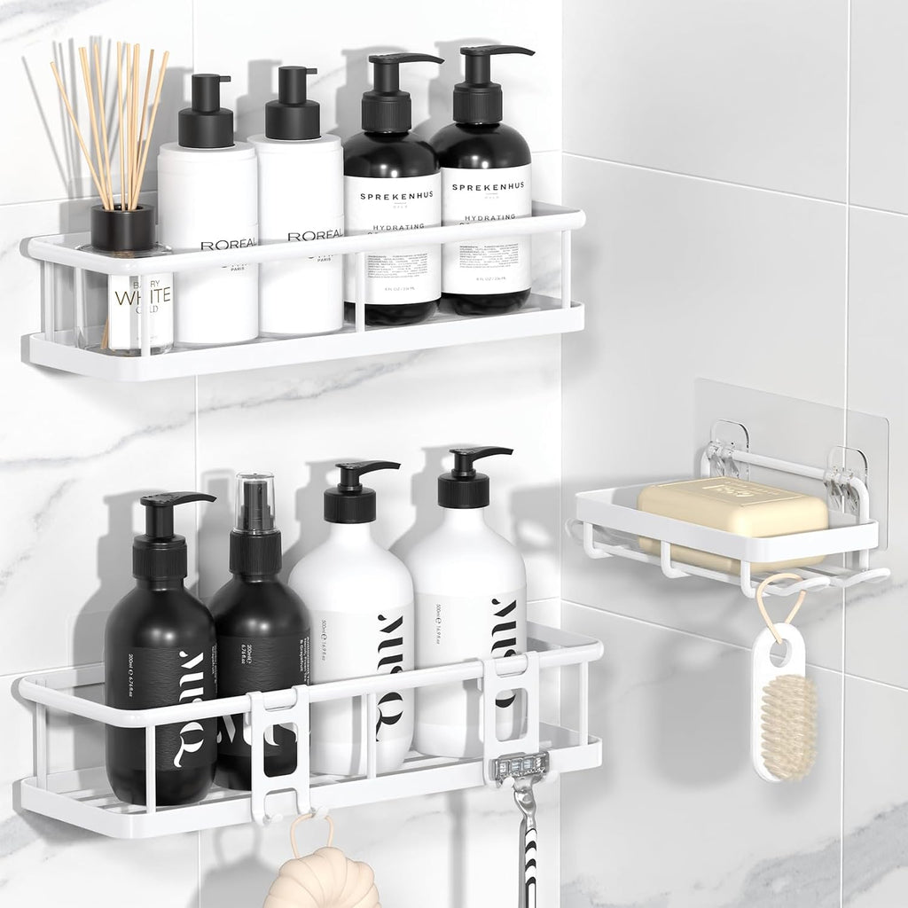 YASONIC Shower Caddy Adhesive, Rustproof Shower Organizer with Soap Holder, Large Capacity Shower Shelves for Inside Shower, No Drilling Bathroom Organizers and Storage for Home Decor（3 Pack White）