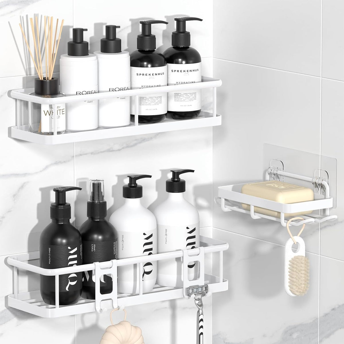 YASONIC Shower Caddy Adhesive, Rustproof Shower Organizer with Soap Holder, Large Capacity Shower Shelves for Inside Shower, No Drilling Bathroom Organizers and Storage for Home Decor（3 Pack White）