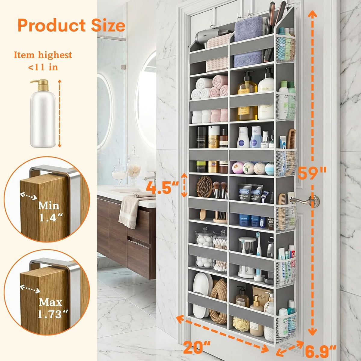 Over the Door Organizer 6 Tiers, Extra Large Behind Door Storage of 12 Compartments, 80 lbs Weight Capacity Hanging Storage Organizer with Clear Window Kids Toys, Shoes, Diapers, Room storage