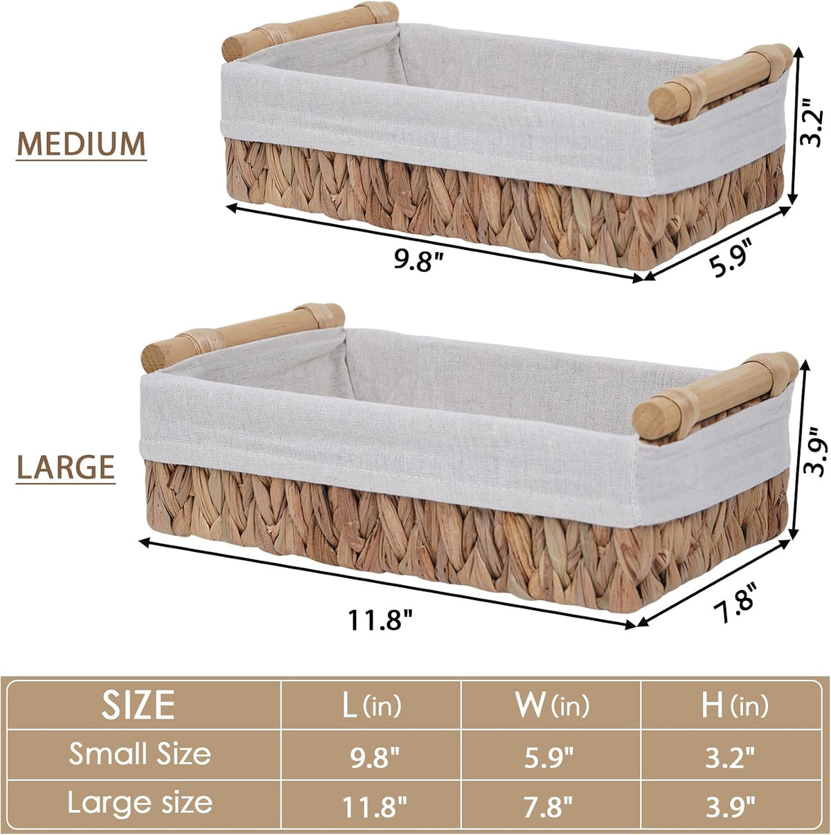 Water Hyacinth Wicker Storage Basket with Wooden Handle, Decorative Toilet Paper Baskets & Bathroom Organizer for Toilet Tank Top, Shelves, Bedroom, Countertop,Home, Office Storage Bins, 2 Pack